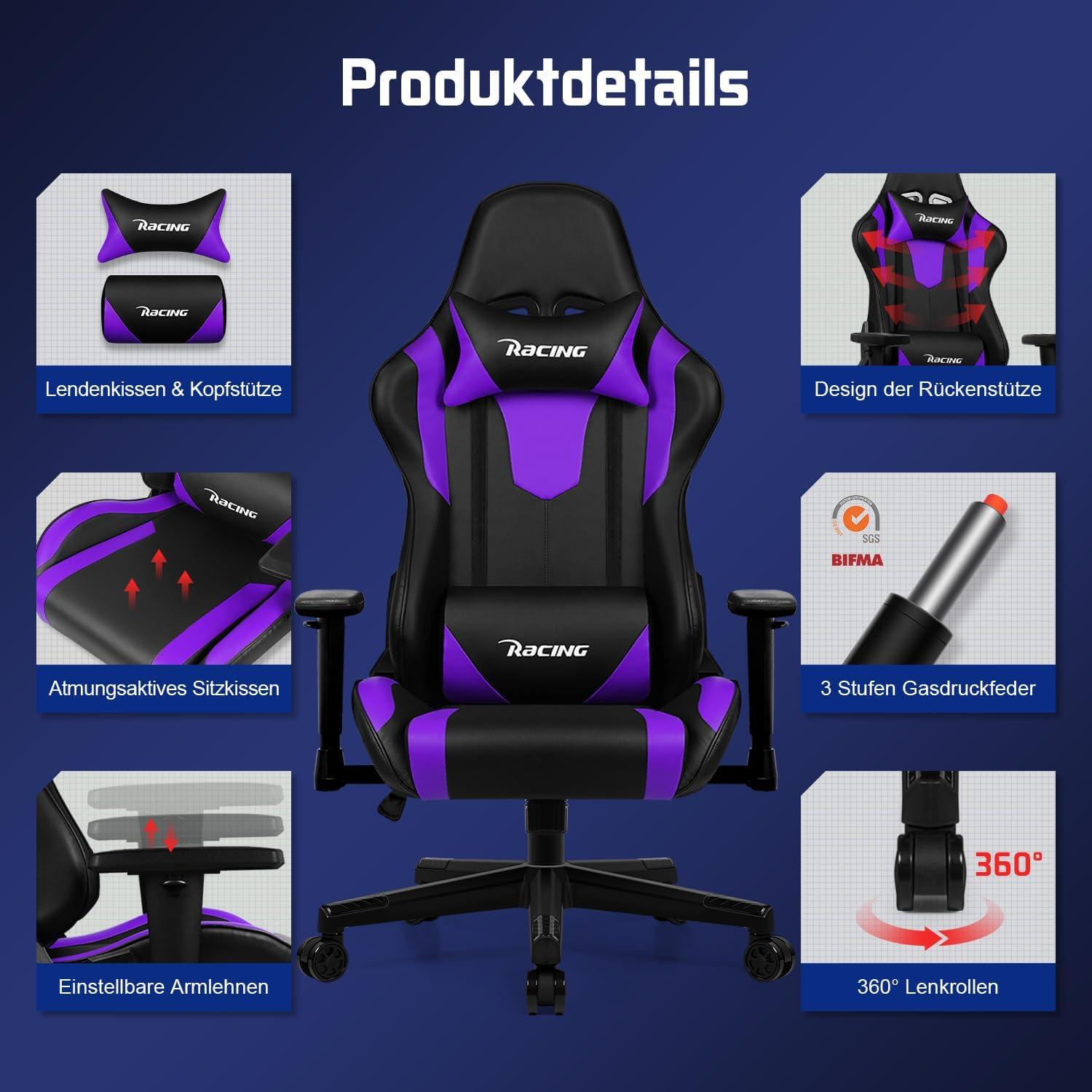 Homimaster Gaming Stuhl Bürostuhl Ergonomisch Verstellbar Lila