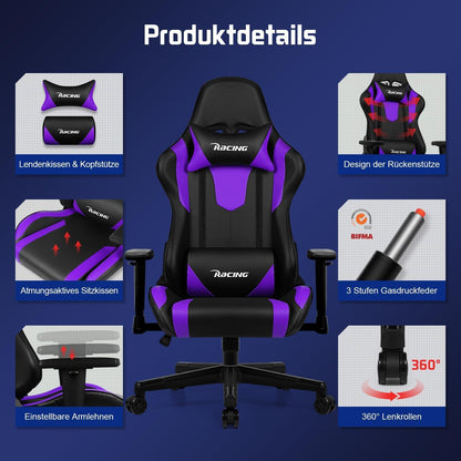 Homimaster Gaming Stuhl Bürostuhl Ergonomisch Verstellbar Lila