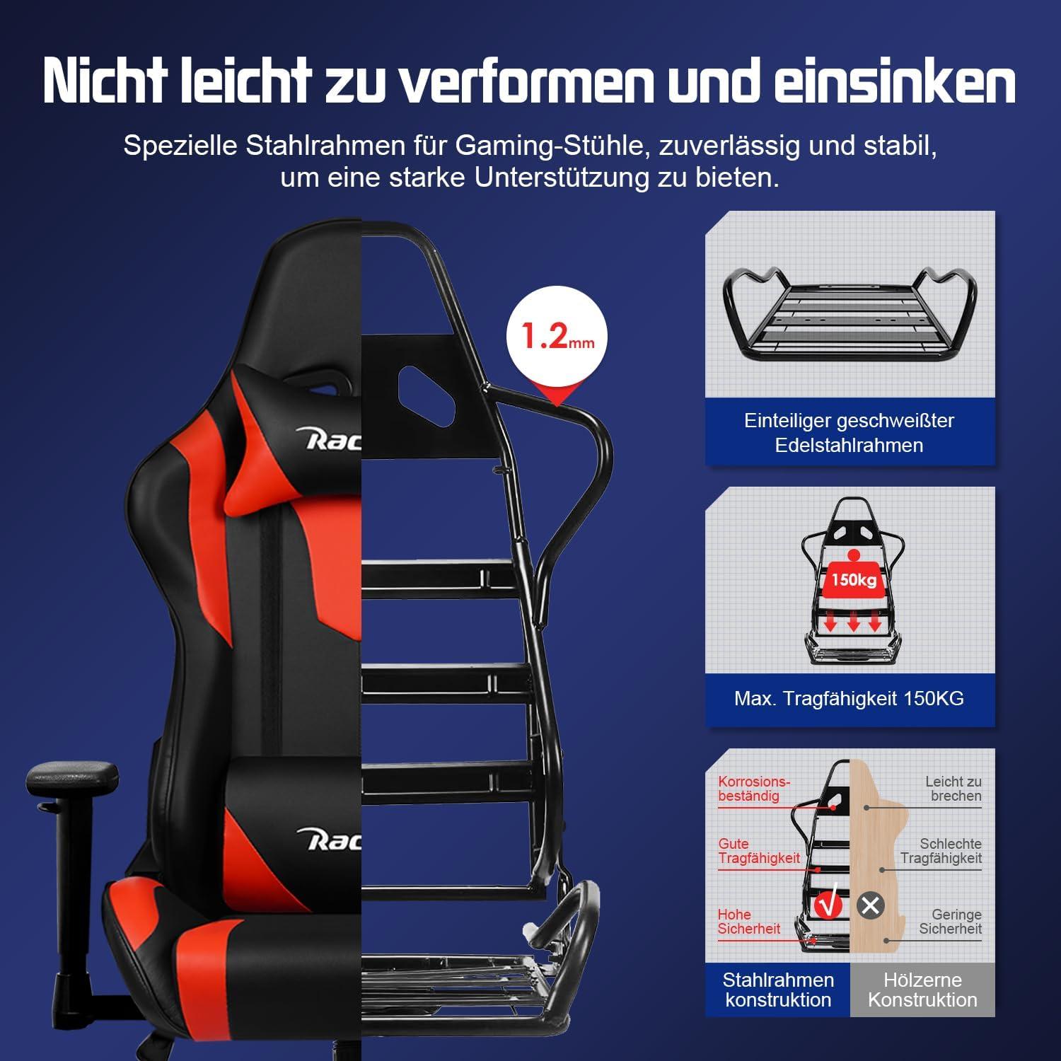 Gaming Stuhl ergonomisch verstellbar mit Lendenkissen, Kopfkissen und