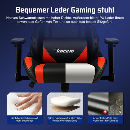 Gaming Stuhl Ergonomisch Verstellbar mit Lendenkissen - Rot