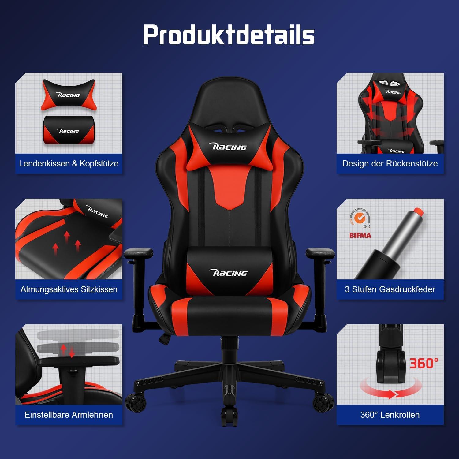 Homimaster Gaming Stuhl Bürostuhl Ergonomisch mit verstellbarem Lenden- und Kopfkissen Rot