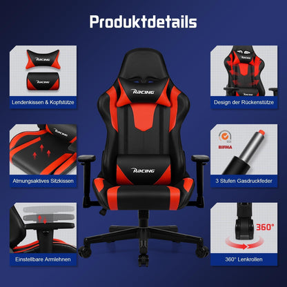 Homimaster Gaming Stuhl Bürostuhl Ergonomisch mit verstellbarem Lenden- und Kopfkissen Rot