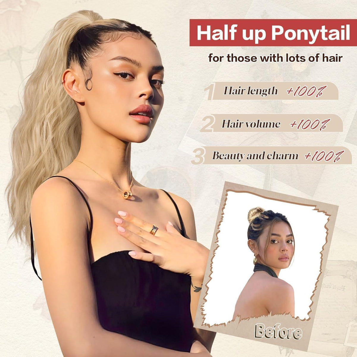 Welliges Clip-in Pferdeschwanz Zopf Extension Blond Highlights 41cm