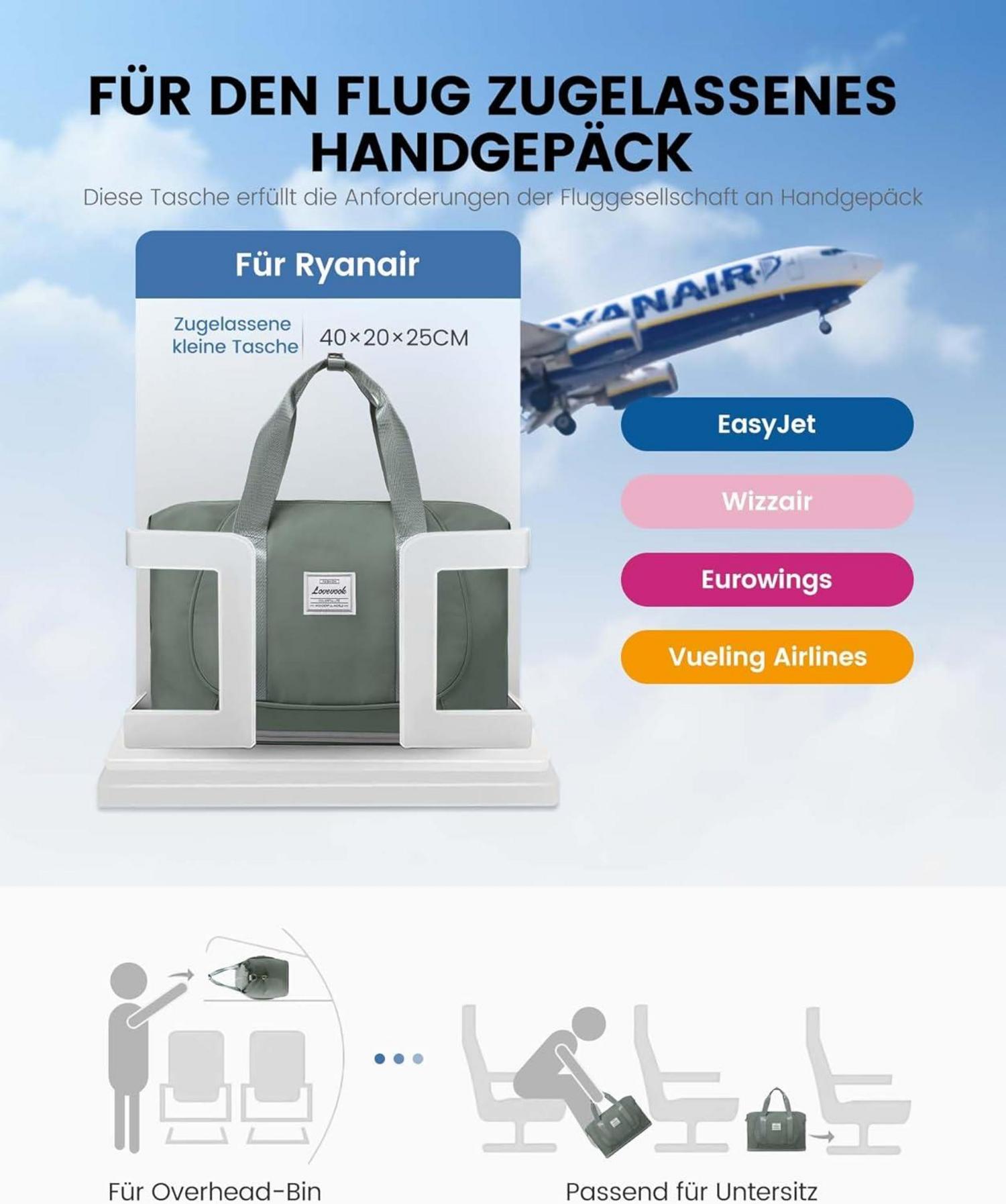 LOVEVOOK Ryanair Handgepäck 40x20x25, Erweiterbare Reisetasche für Flugzeug, Grün