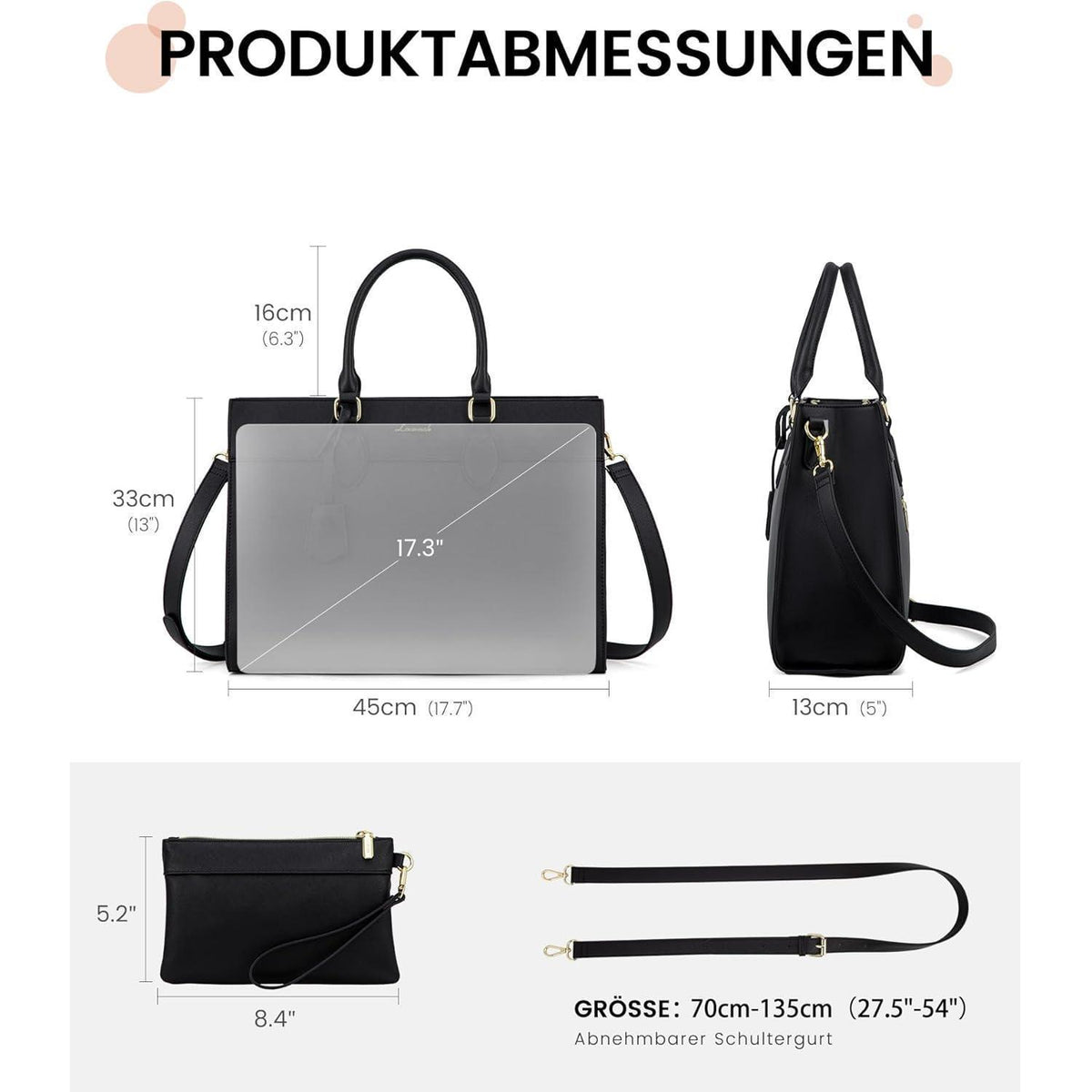 Laptoptasche Damen 17,3 Zoll, Groß, Wasserdicht, mit Handgelenktasche in Lederoptik