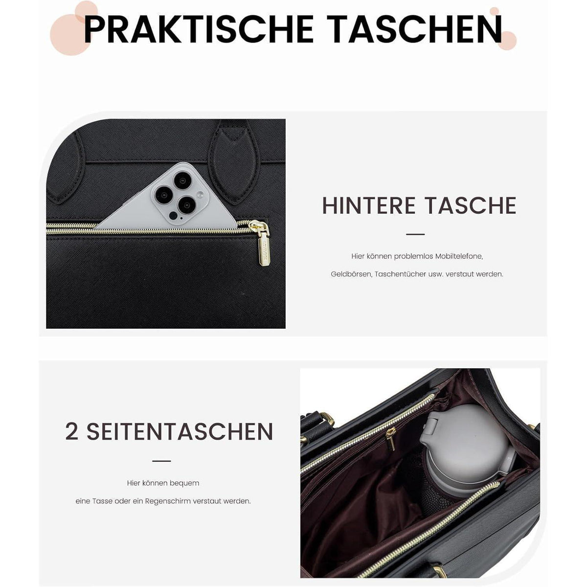 Laptoptasche Damen 17,3 Zoll, Groß, Wasserdicht, mit Handgelenktasche in Lederoptik