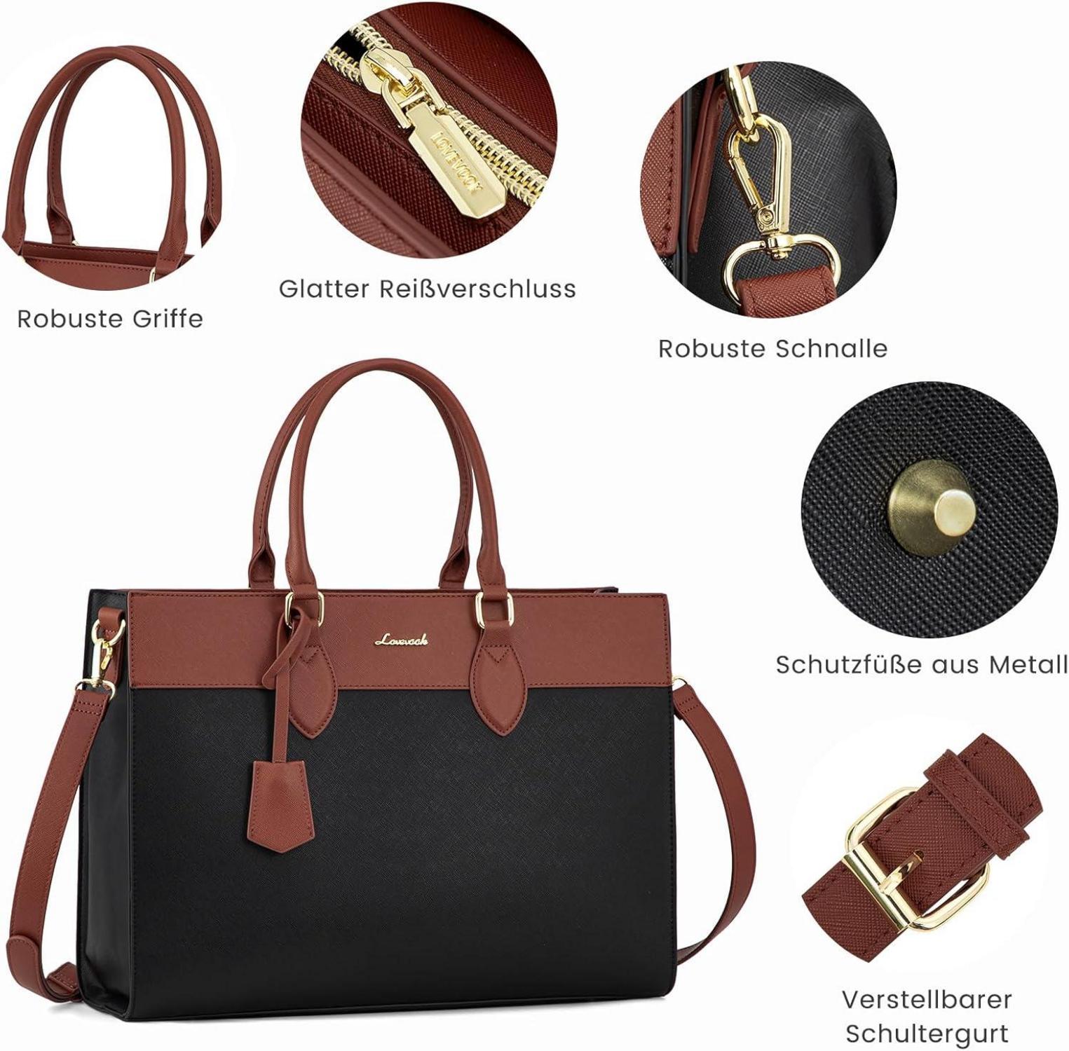 Große LOVEVOOK Laptop Handtasche 15,6 Zoll Damen Schwarz Braun