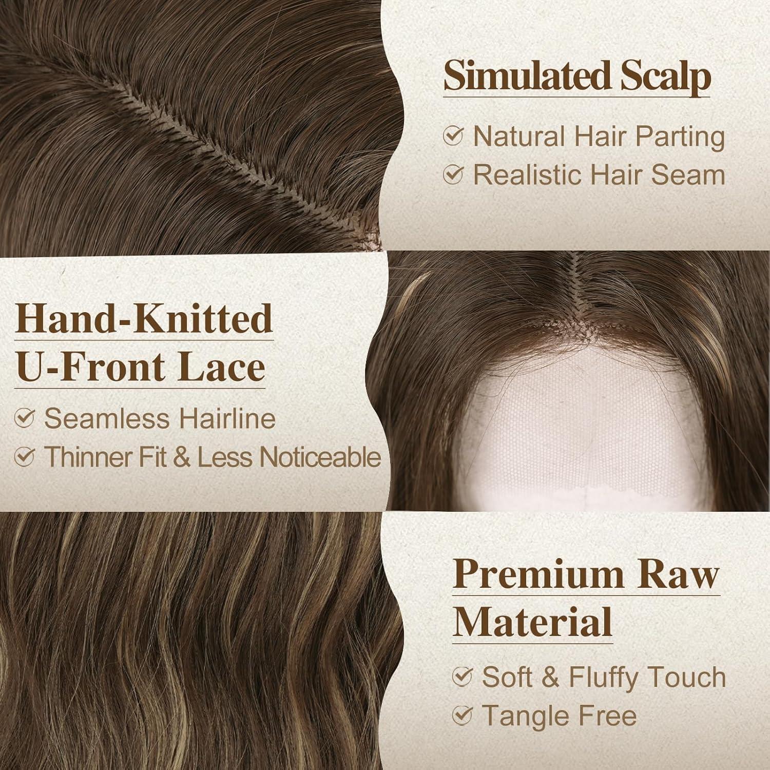 Lockige Balayage Perücke Braun Highlight 46cm Mittel Länge