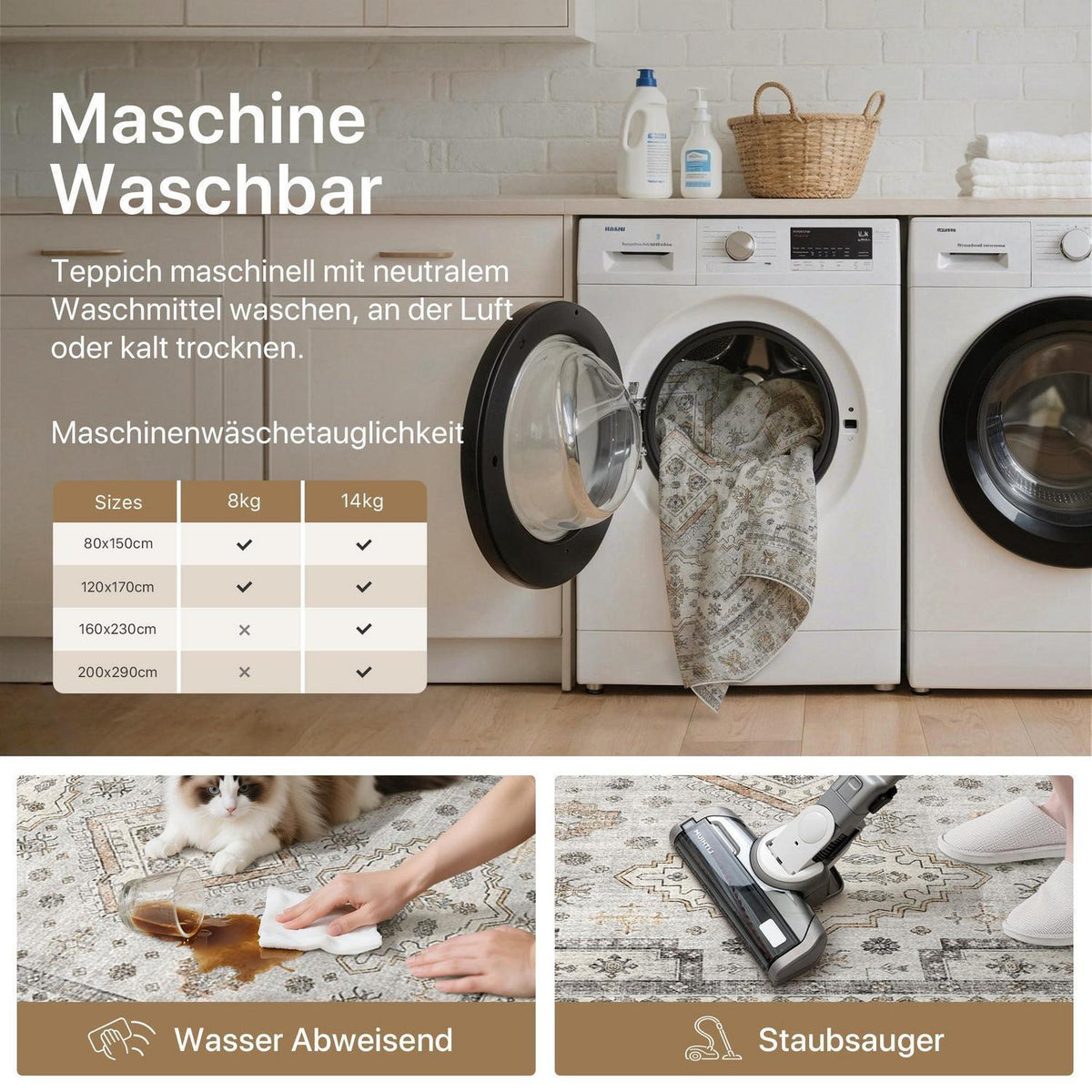 Vintage Teppich 200x290 cm – Elfenbein Grau | Wohnzimmer Teppich