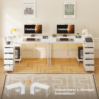 Eckschreibtisch L-Form 120x70cm mit 4 Schubladen, Weiß