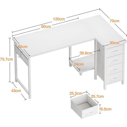 Eckschreibtisch L-Form 120x70cm mit 4 Schubladen, Weiß
