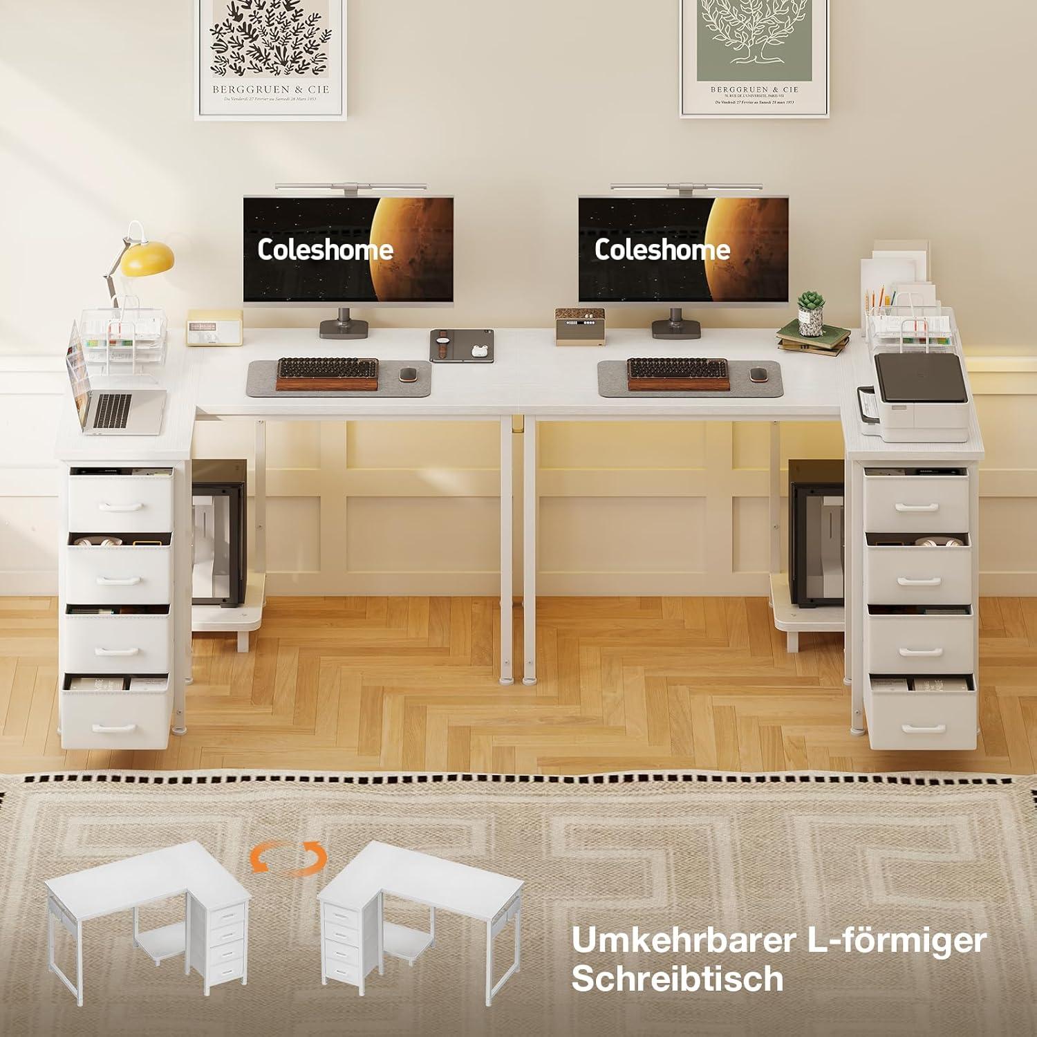Eckschreibtisch L-Form 100x70cm mit 4 Schubladen Weiß - Coleshome