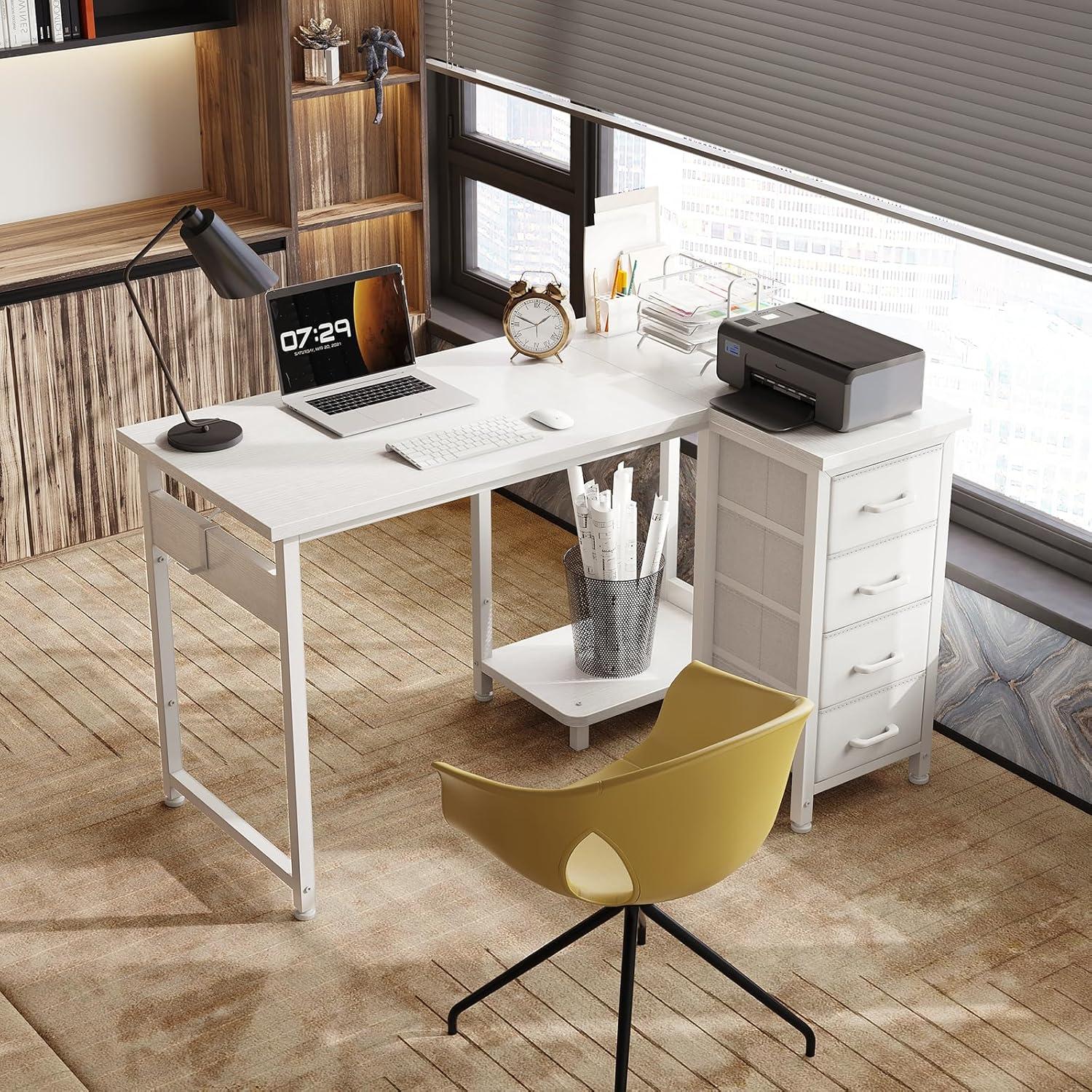Eckschreibtisch L-Form 100x70cm mit 4 Schubladen, Umkehrbarer Computertisch
