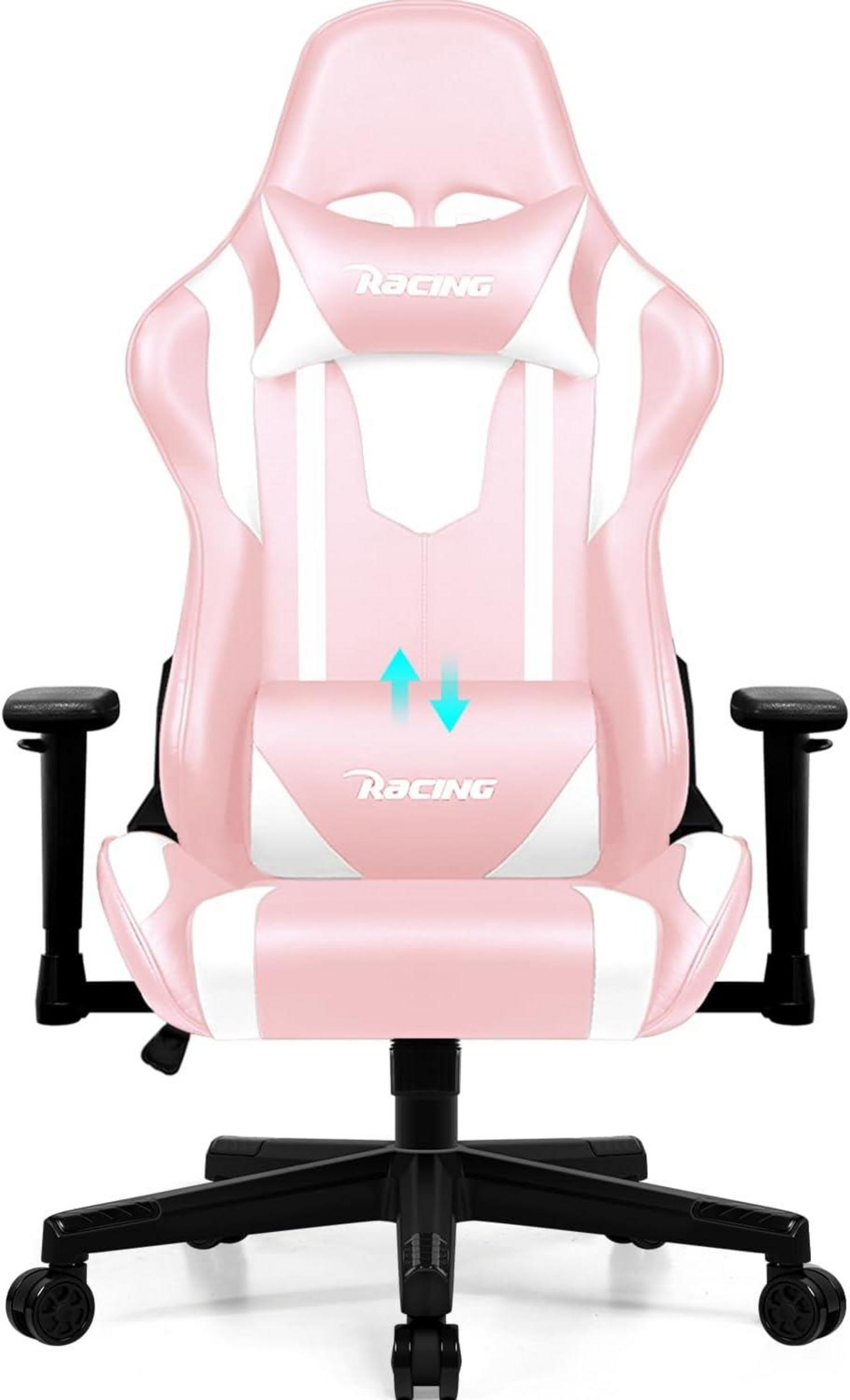 Ergonomischer Gaming Stuhl mit Lendenkissen und Wippfunktion, Rosa