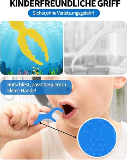 128 Stk. Kinder Zahnseide Flossers Sticks, 4 Ocean Tierformen, bunte Farben
