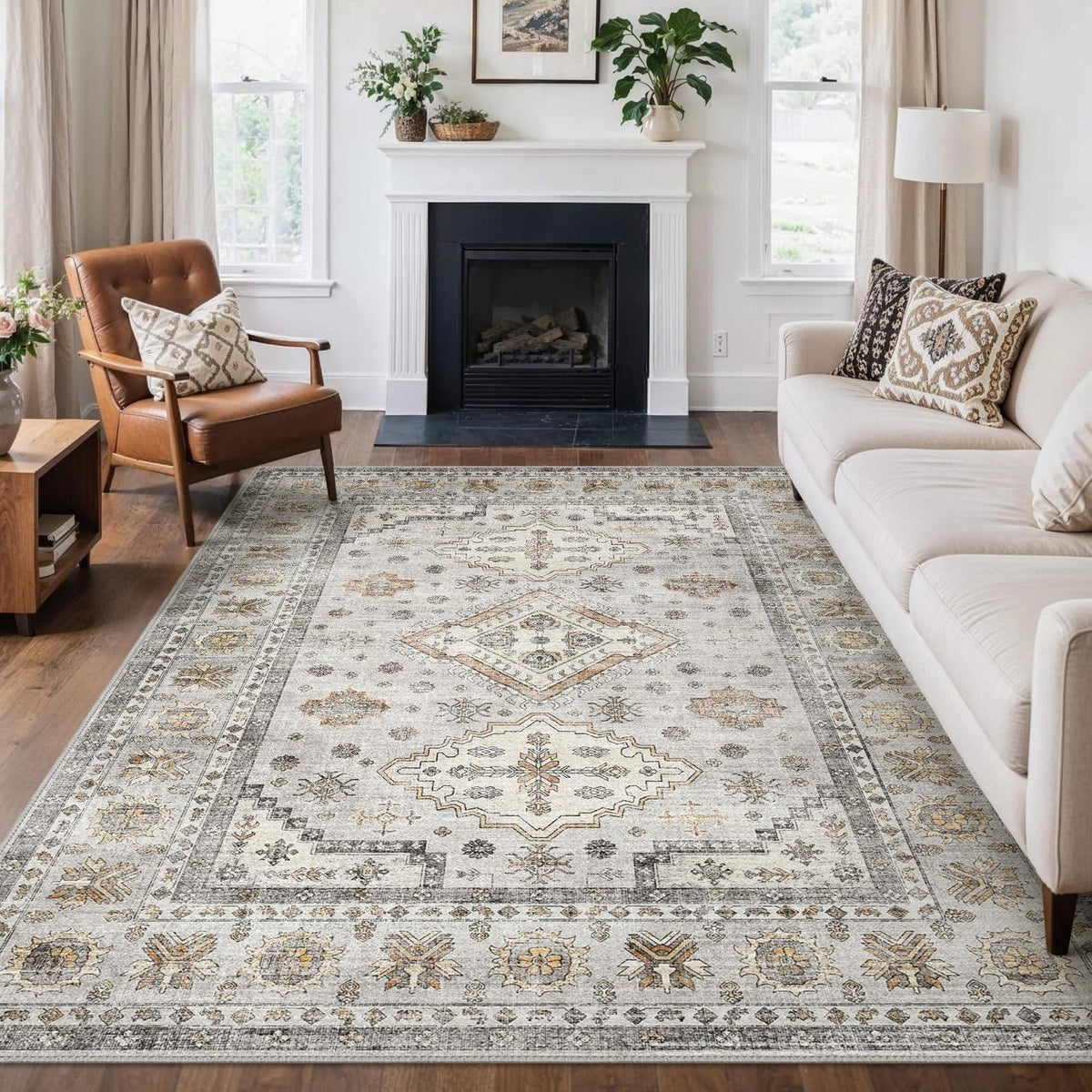 Vintage Teppich Wohnzimmer 140x200 cm Elfenbein Grau