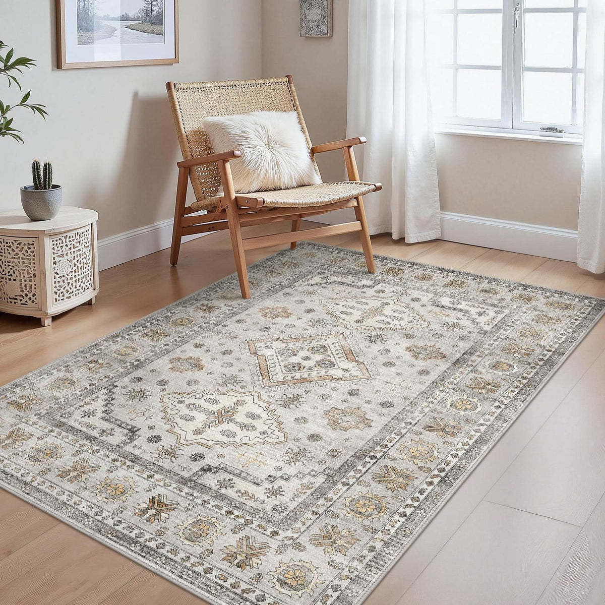 Vintage Teppich Wohnzimmer 140x200 cm Elfenbein Grau