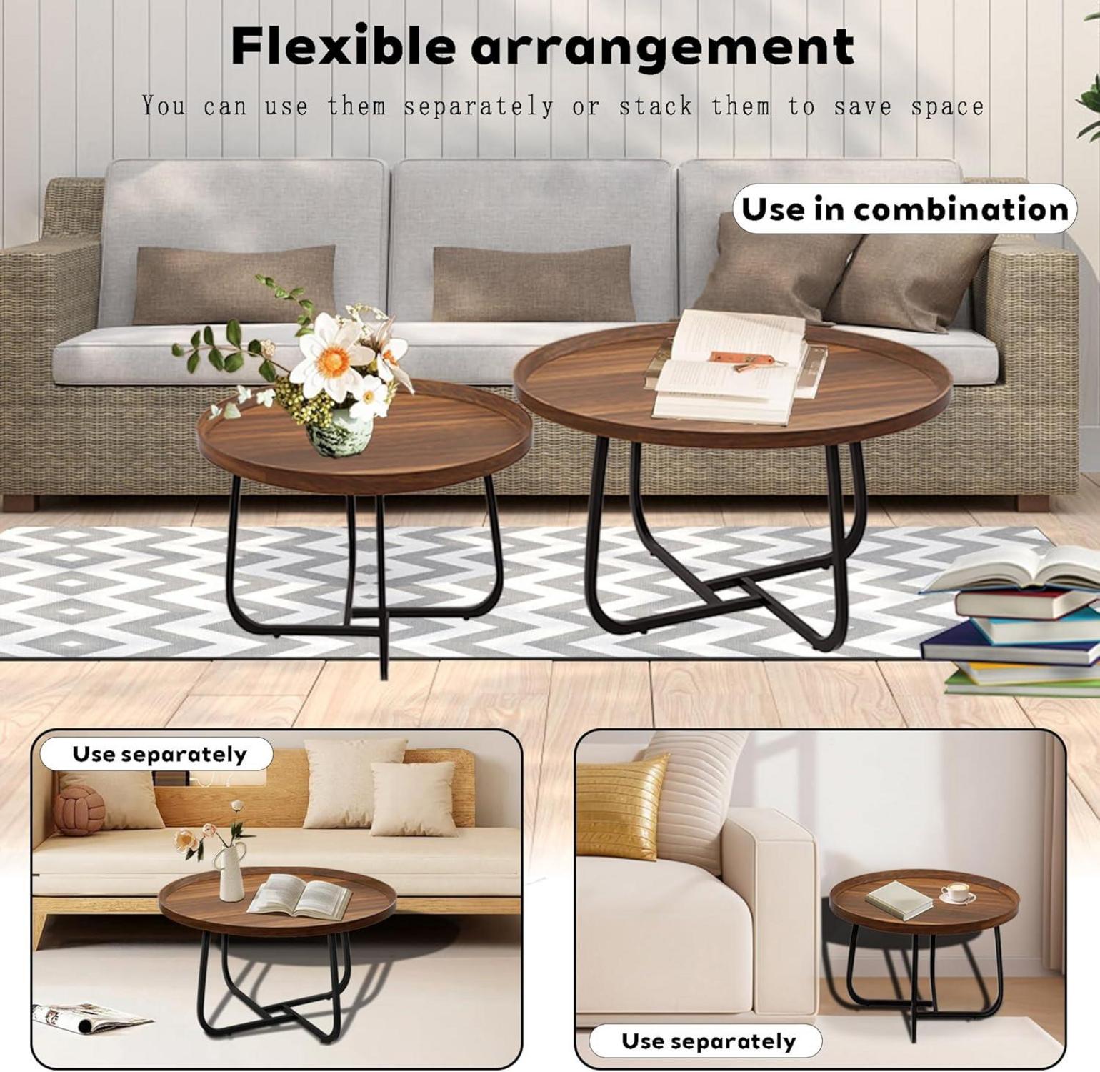 Couchtisch Rund 2er Set Holz Metall stapelbarø70CM+ø50CM