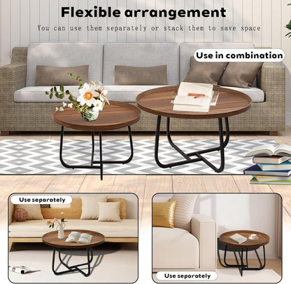Couchtisch Rund 2er Set Holz Metall stapelbarø70CM+ø50CM