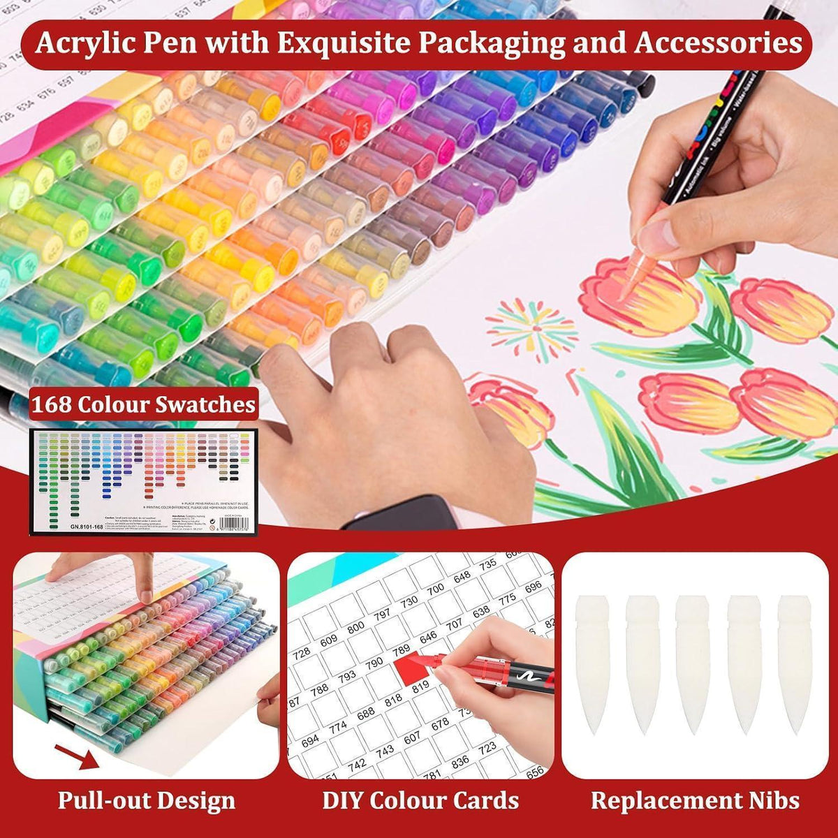 Acrylstifte Set 168 Farben | Pinselspitze für Steine, Glas & mehr