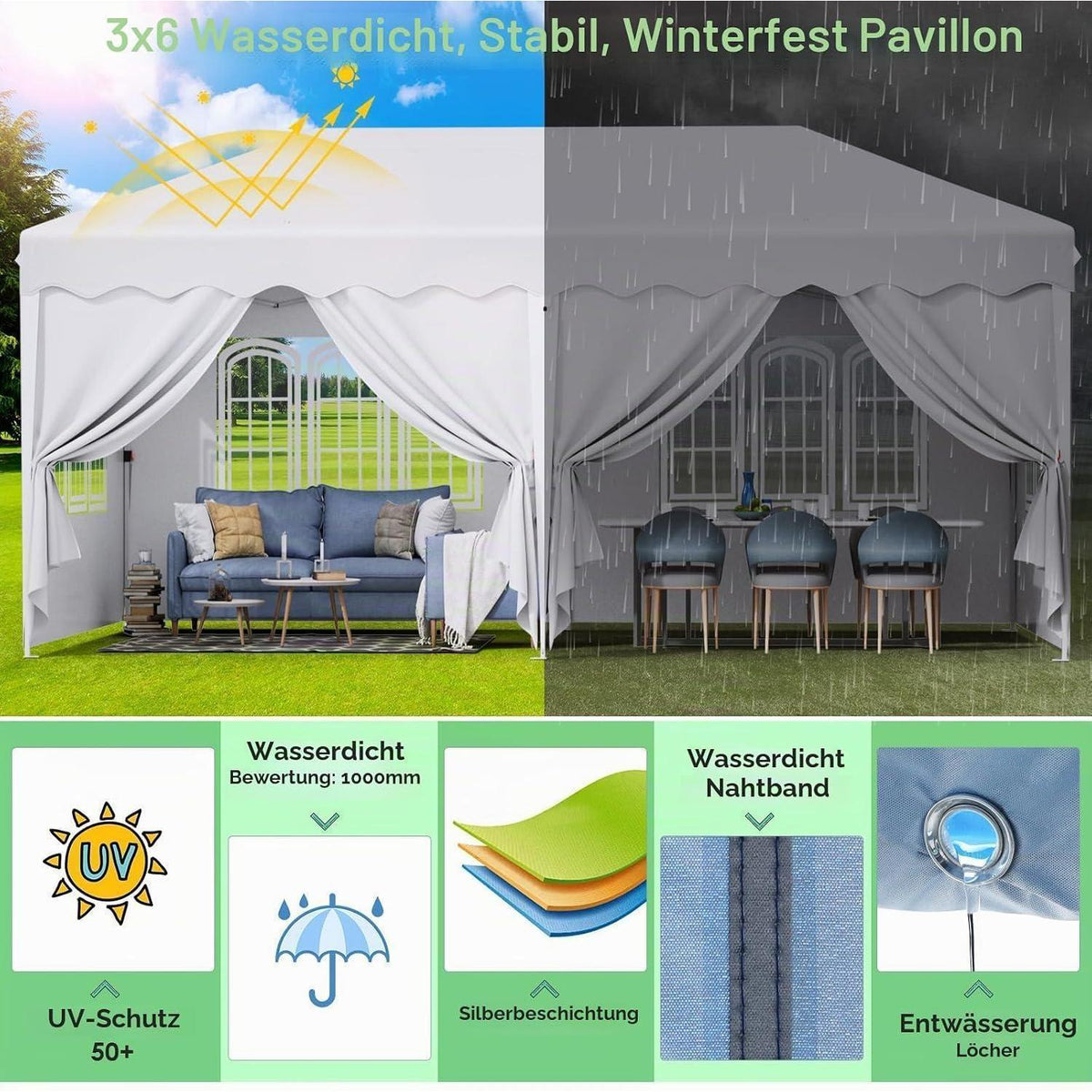 3x6m Pavillon Wasserdicht, Stabil & Mit Seitenteilen Weiß