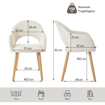 Esszimmerstühle Set 6 beige Cord mit Armlehne & Holzbeinen