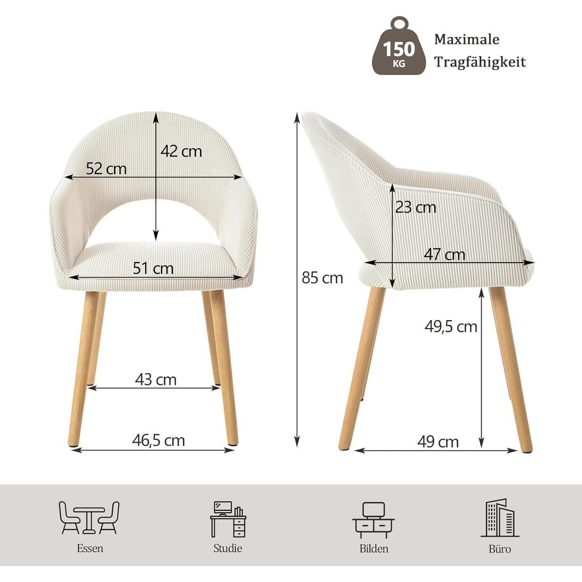 Esszimmerstühle Set 4 beige Cord mit Armlehnen & Holzbeinen