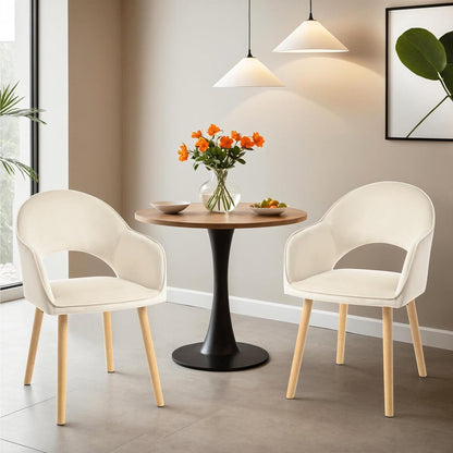 Esszimmerstühle Set Beige Samt mit Armlehnen & Holzbeinen