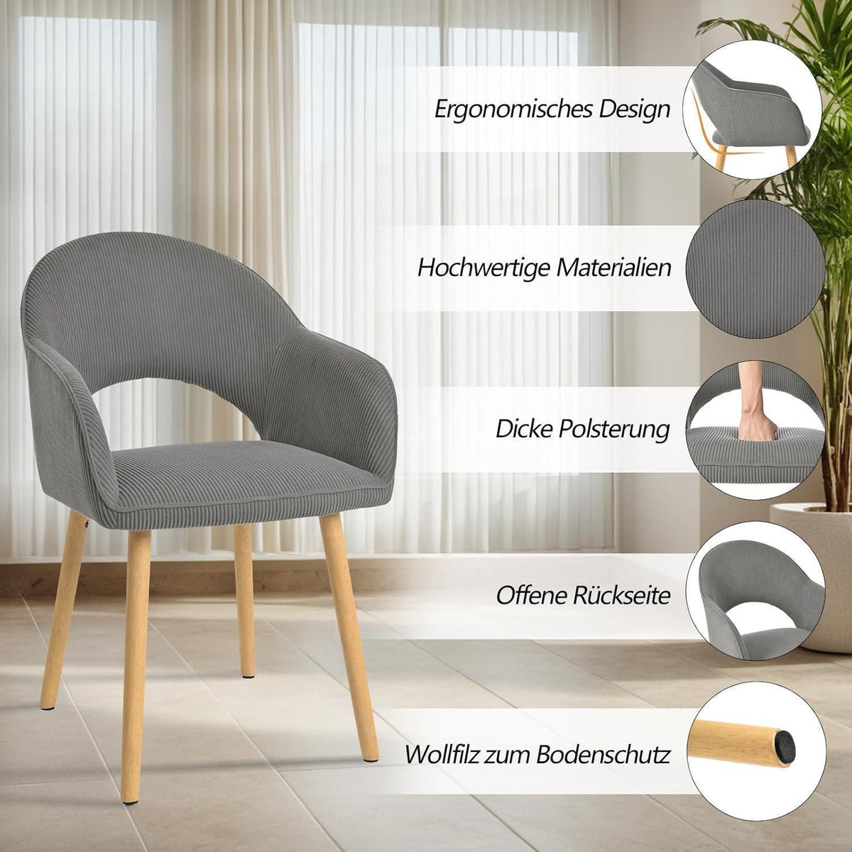 Esszimmerstühle Set Dunkelgrau Cord mit Armlehnen & Holzbeinen