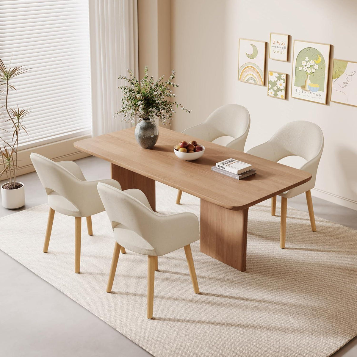 Esszimmerstühle 6er Set Beige mit Armlehne & Holzbeinen