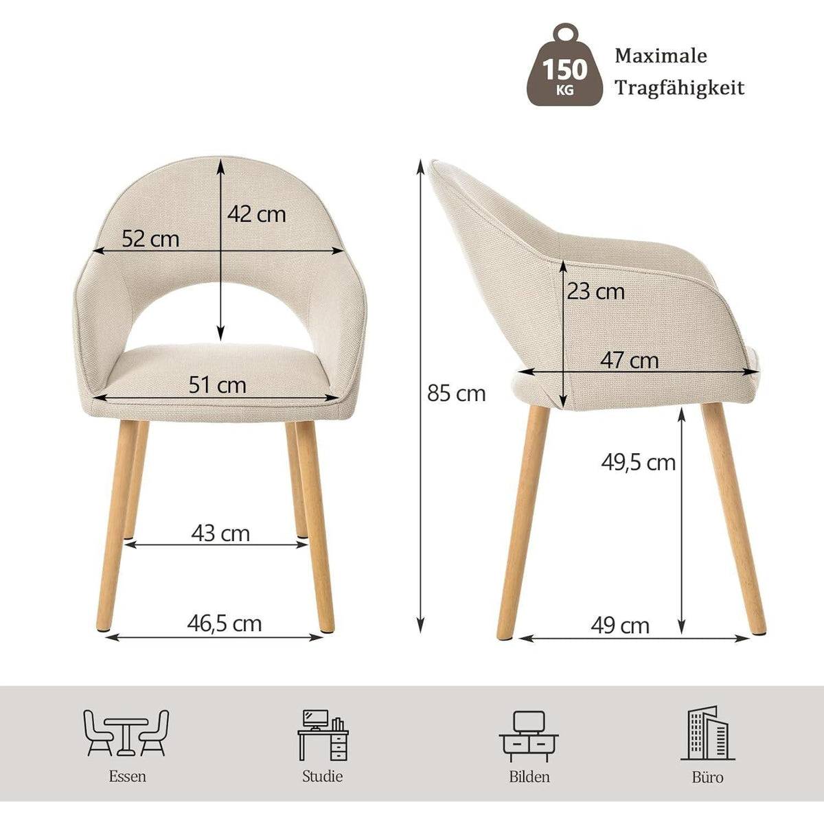 Esszimmerstühle 6er Set Beige mit Armlehne & Holzbeinen