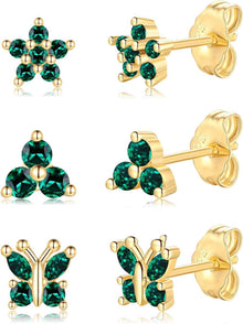 3er Set Silberohrringe mit grünen Zirkonia - Damen Ohrstecker
