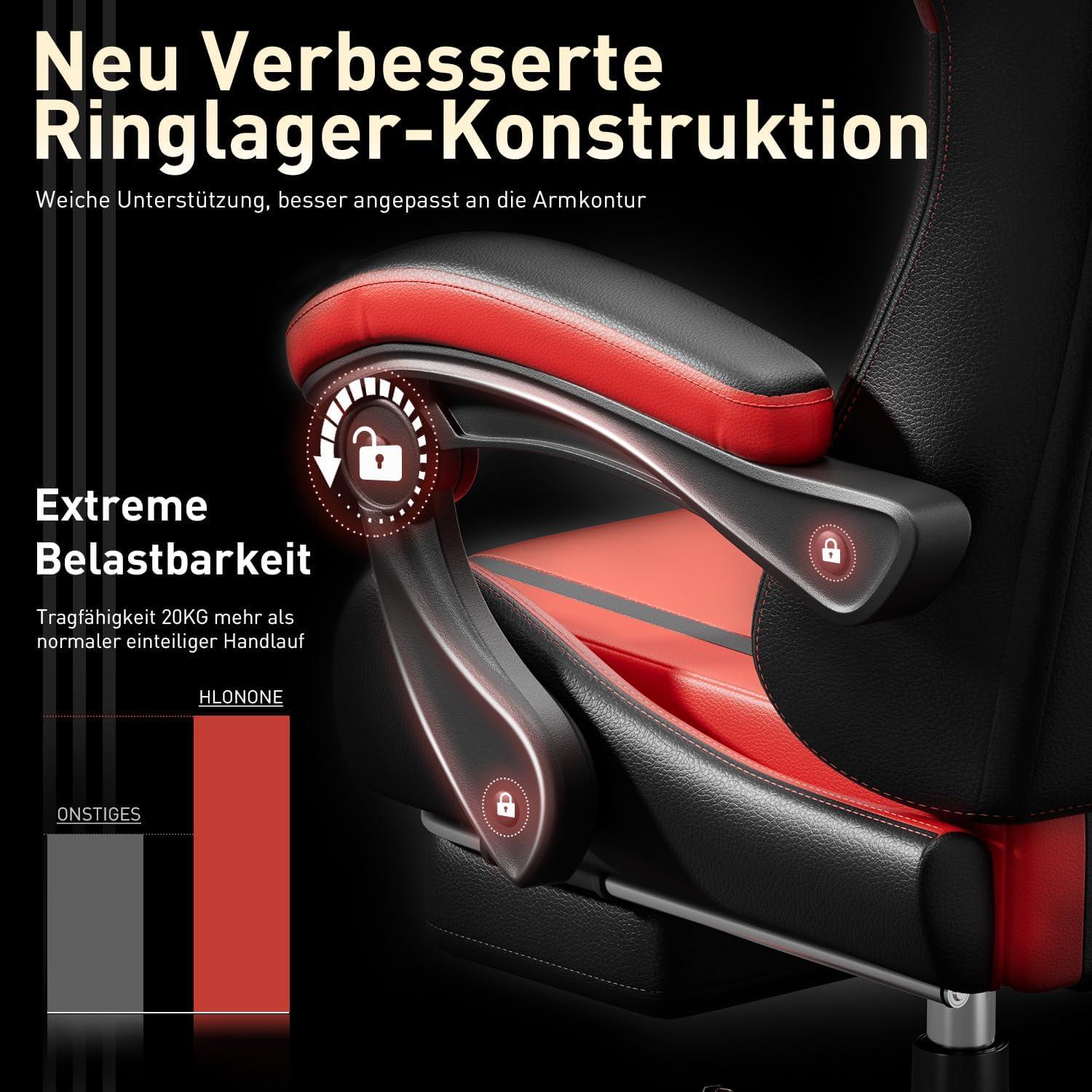 Ergonomischer Gaming Stuhl Schwarz-Rot, Kopfstütze Lendenkissen 150kg