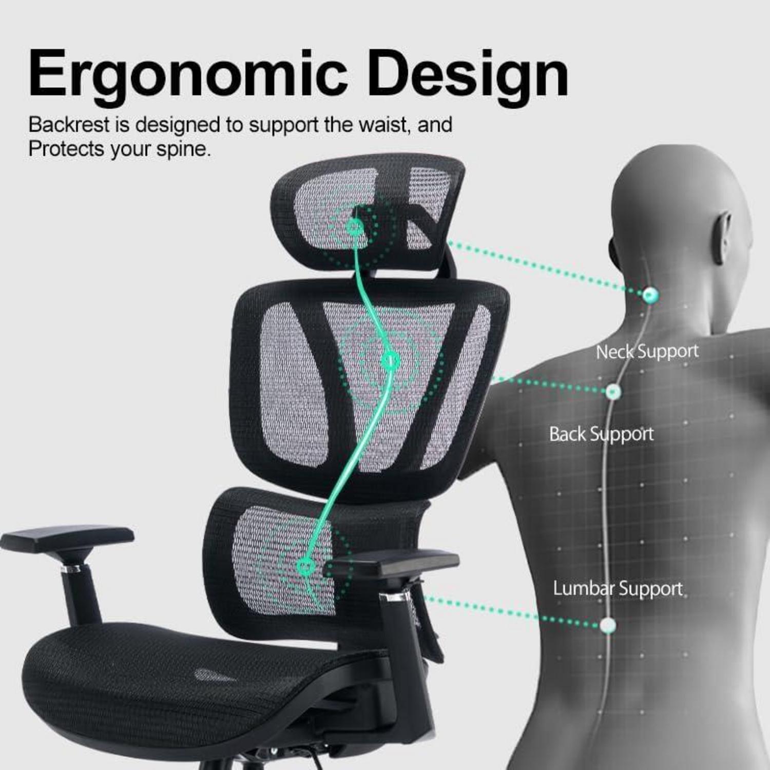 Ergonomischer Bürostuhl mit 200KG Belastbarkeit, Verstellbare Lendenwirbelstütze, 3D Armlehnen, Kopfstütze & Wippfunktion