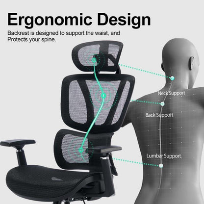 Ergonomischer Bürostuhl mit 200KG Belastbarkeit, Verstellbare Lendenwirbelstütze, 3D Armlehnen, Kopfstütze & Wippfunktion