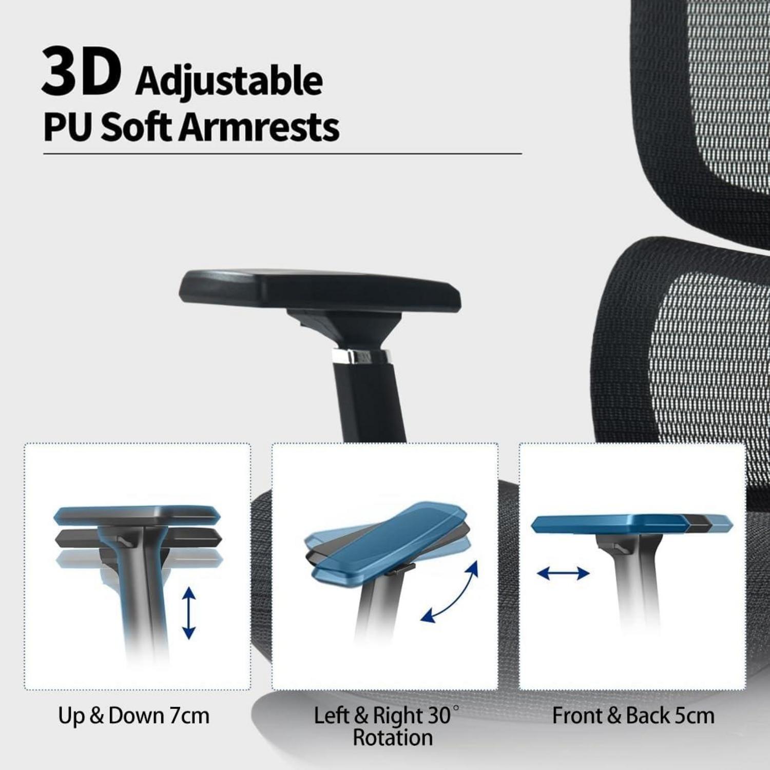 Ergonomischer Bürostuhl mit 200KG Belastbarkeit, Verstellbare Lendenwirbelstütze, 3D Armlehnen, Kopfstütze & Wippfunktion