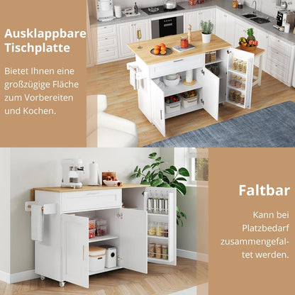 Mobiler Küchentisch Klappbar Eiche | Multifunktionaler Servierwagen mit Schrank