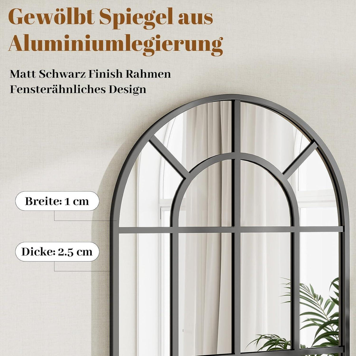 Ganzkörperspiegel Bogen Schwarz – 165x60cm, Metallrahmen & Ständer