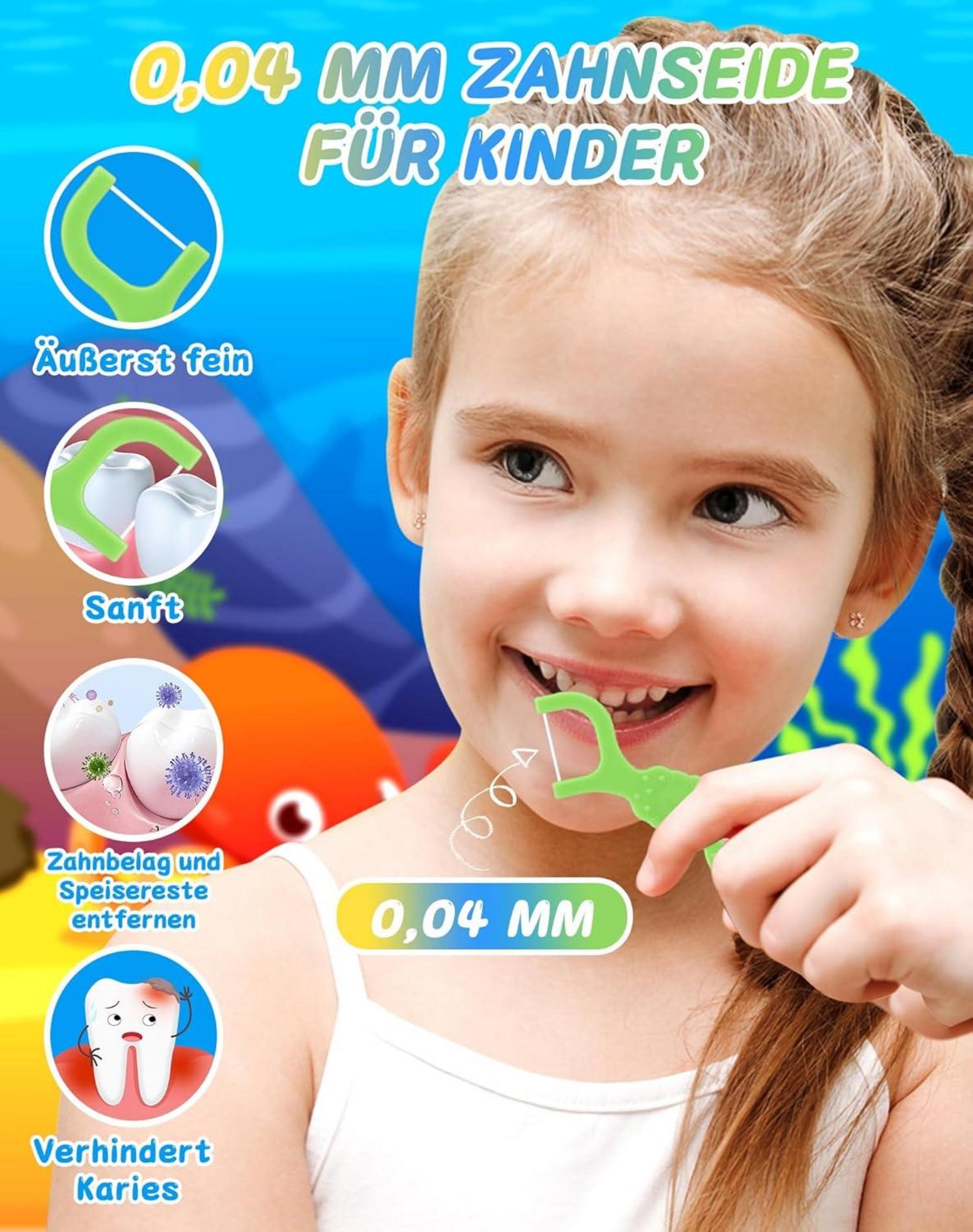 128er Zahnseide Sticks für Kinder mit Meerestier-Griff - Fluorfrei & wachsfrei