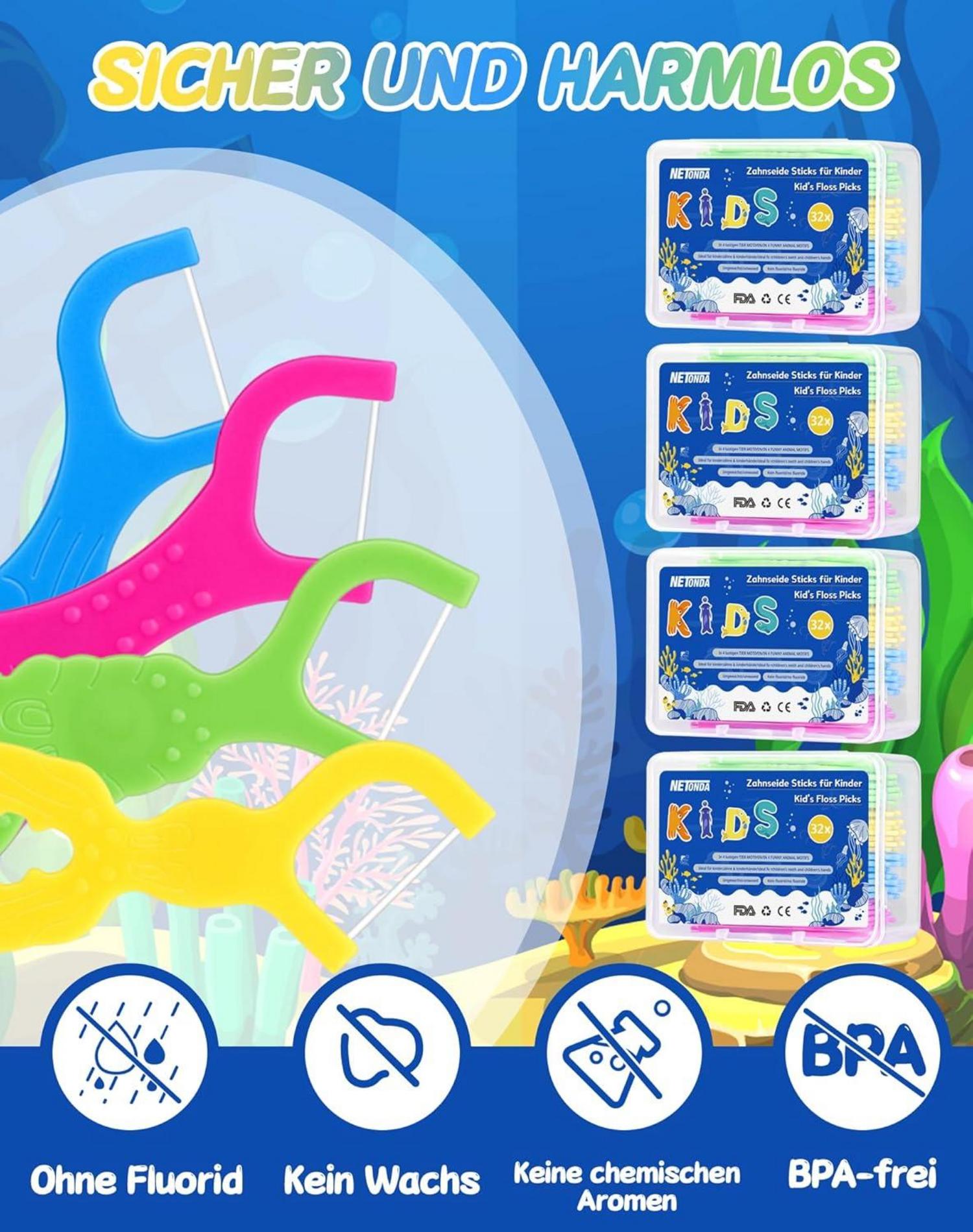 Kinder Zahnseide Stick 128 Stück Meerestier Griffe Dental Floss Set