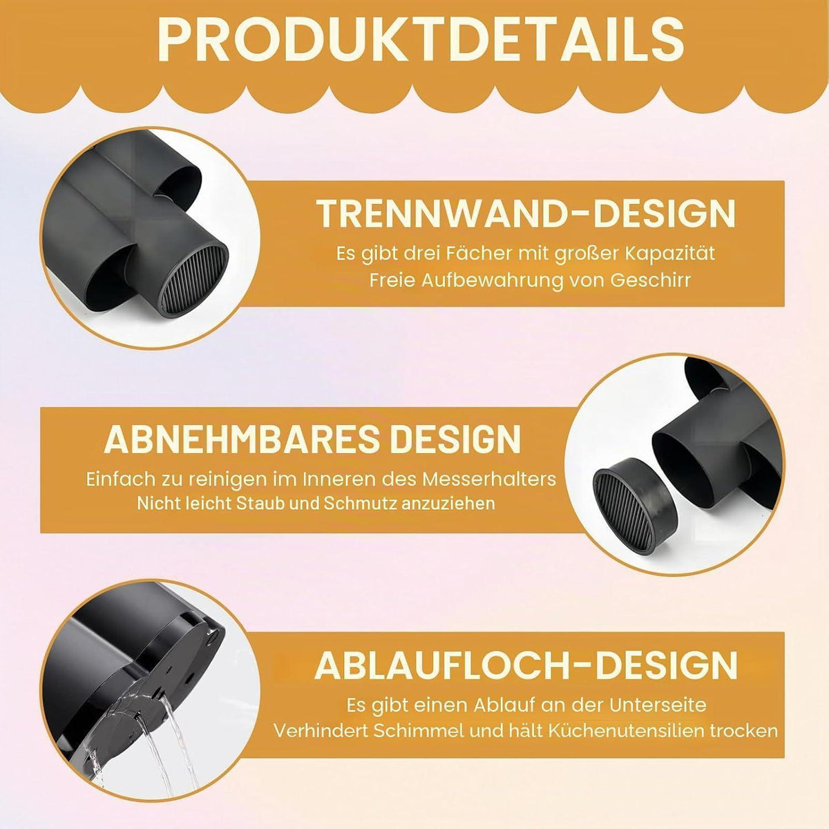 3in1 Messerblock Schwarz | Messerhalter für Küche & Utensilien