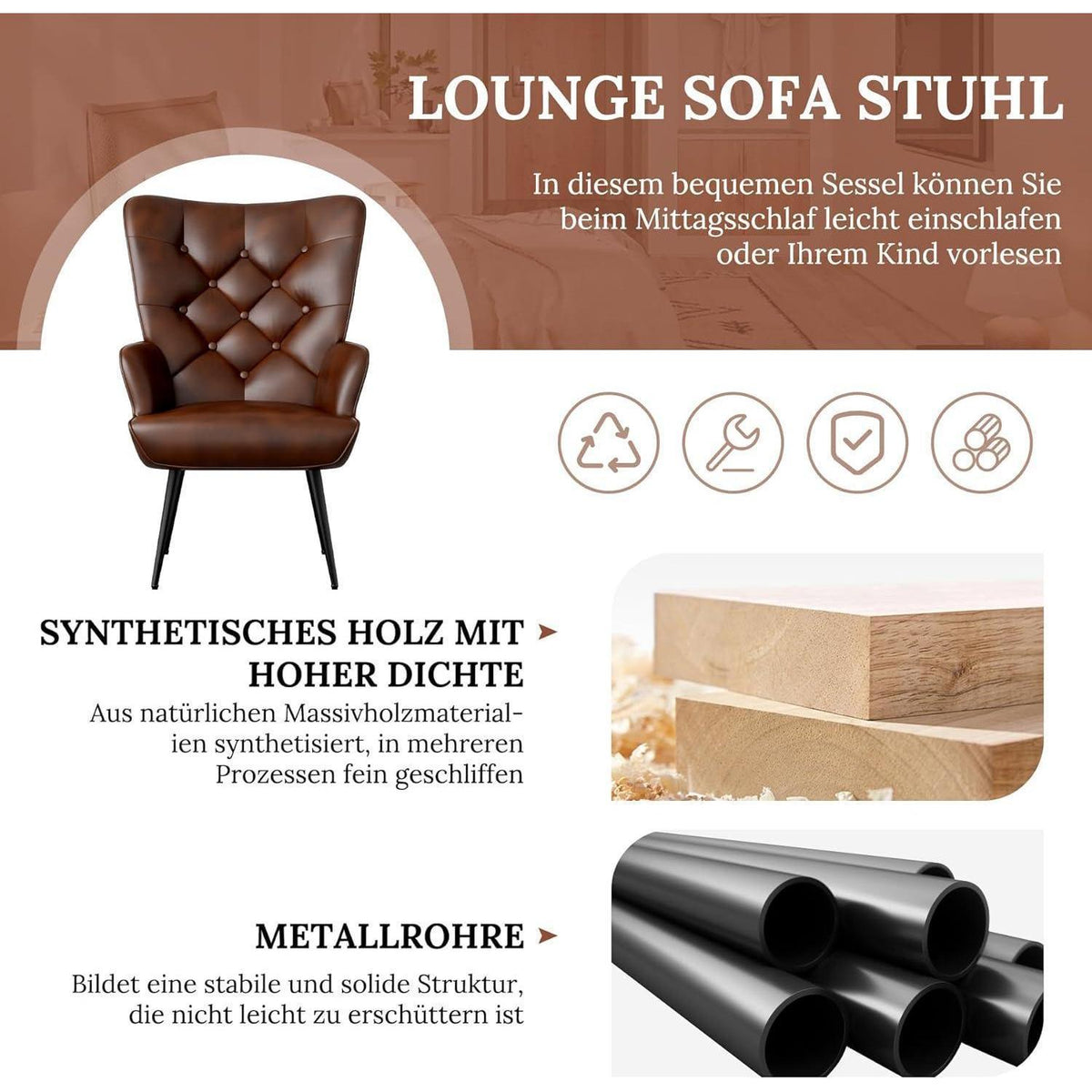 Eleganter Ohrensessel mit Metallbeinen, braun