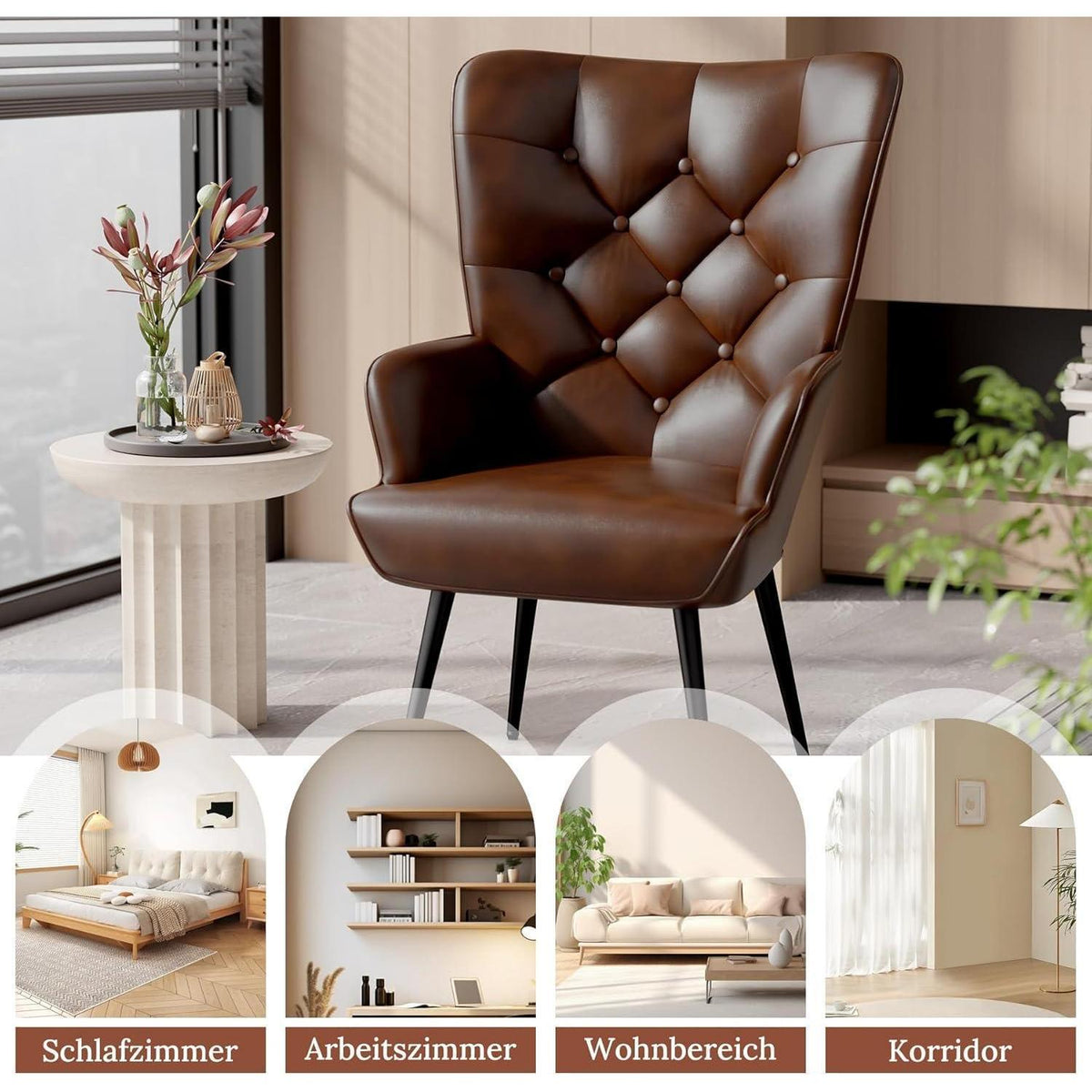 Eleganter Ohrensessel mit Metallbeinen, braun