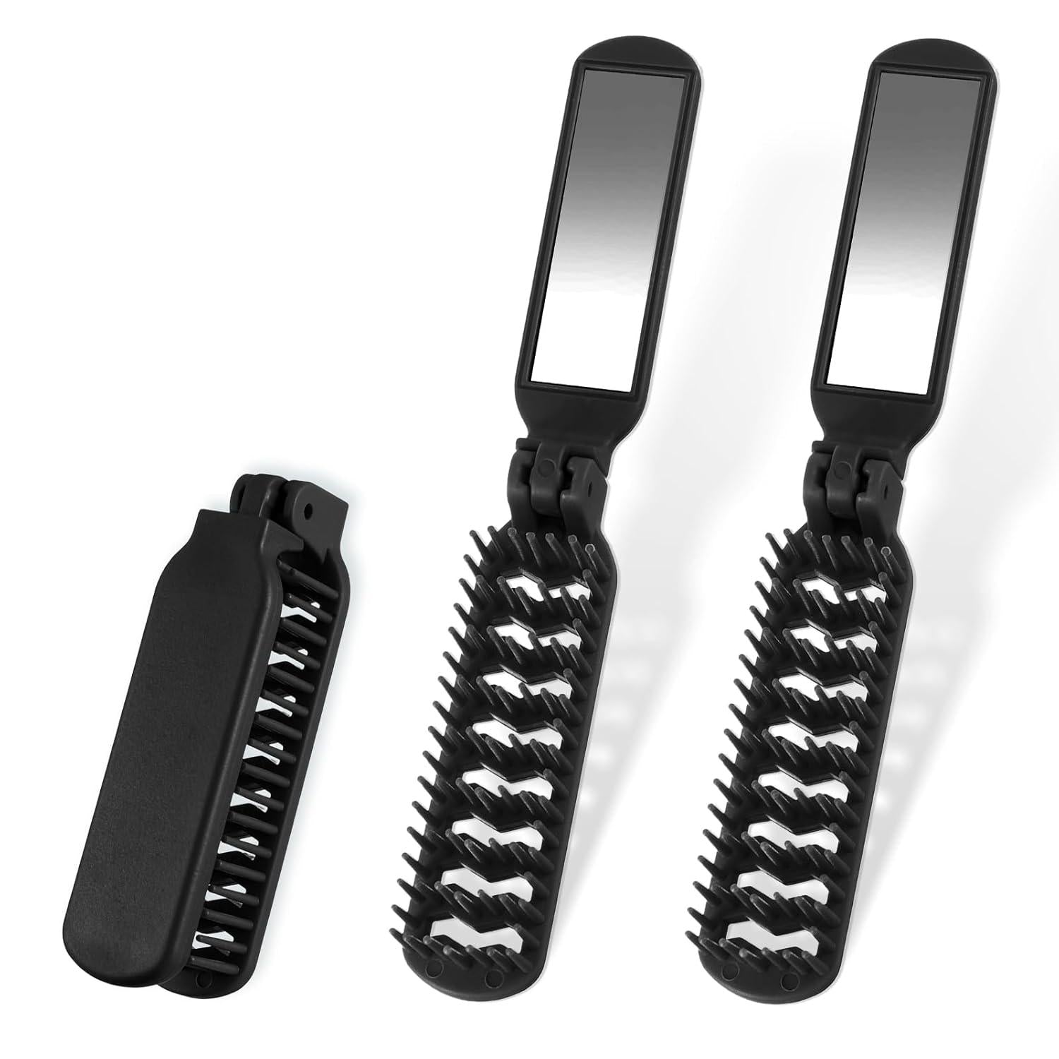 Klappbürste Reise Mini Haarbürste Schwarz mit Spiegel 2er Set