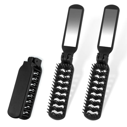 Klappbürste Reise Mini Haarbürste Schwarz mit Spiegel 2er Set