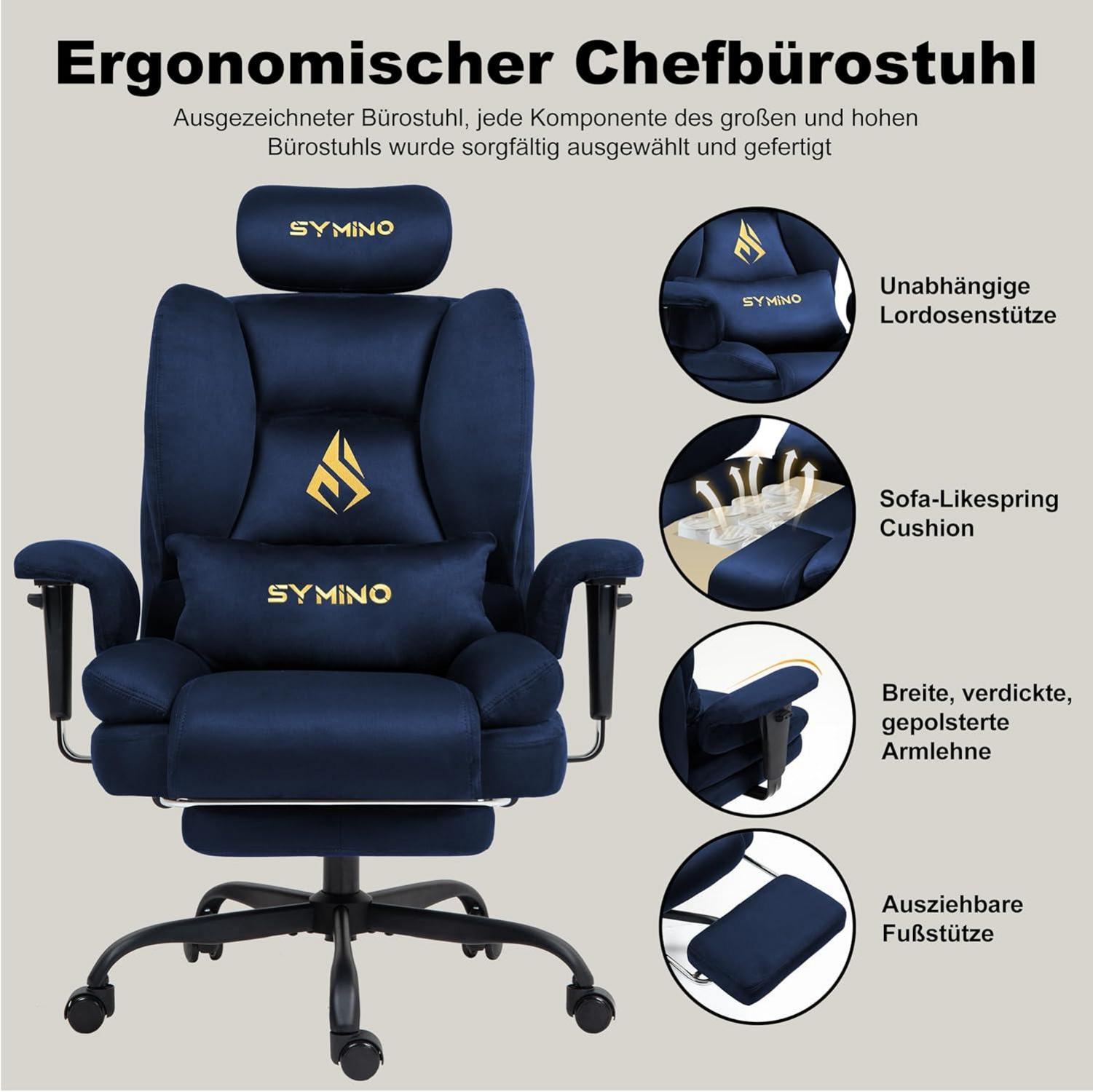 Symino Gaming Stuhl Bürostuhl mit Fußstütze ergonomisch höhenverstellbar 130kg Blau