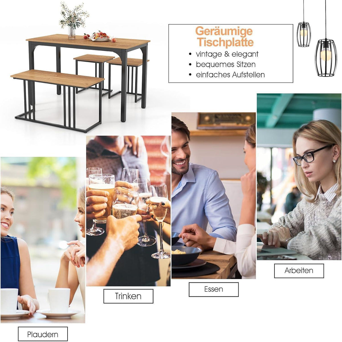 Esszimmer Set 4-teilig mit Tisch, Bank & Hockern (Natur)