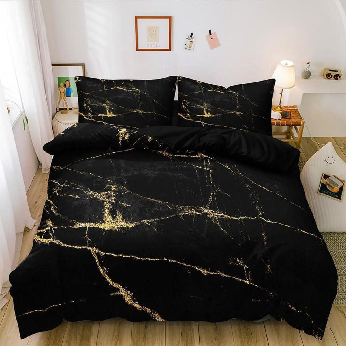 4tlg. Bettwäsche Set Marmor Schwarz Gold 135x200 cm