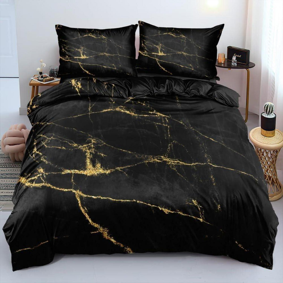 Marmor Bettwäsche Set Schwarz Gold 135x200 cm Mikrofaser