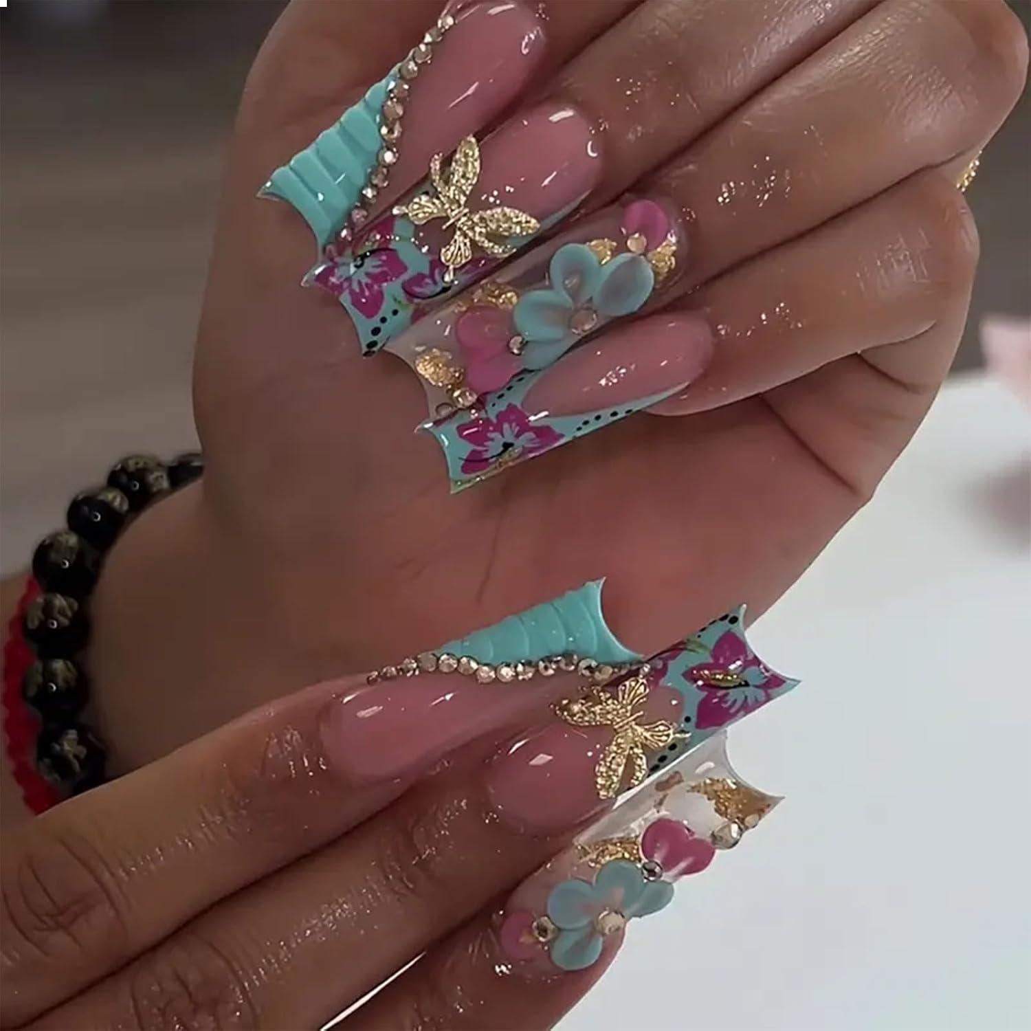 Press on Nägel French Tip Blau Gold Schmetterling Pink 3D Design 24